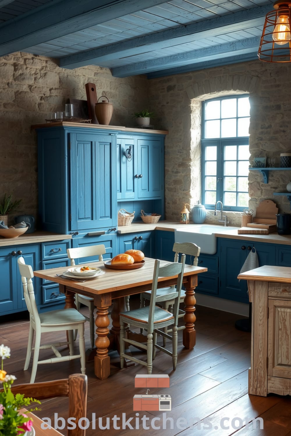 A cozy rustic kitchen adorned with weathered wooden cabinetry, a textured stone wall, a central oak table surrounded by mismatched chairs, and sunlight streaming through a large window, showcasing inviting decor ideas for a warm home ambiance. Visit fireplacesandwoodstoves.com for design inspirations.
