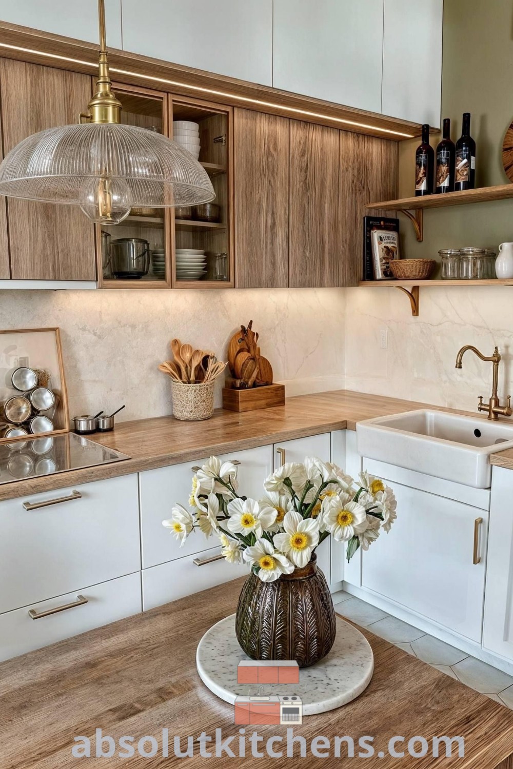 A cozy kitchen featuring a vibrant vase filled with flowers on the counter, enhancing the design with boho influences. This decor idea provides an inspiring touch to any kitchen space, making it a cozy home. Discover more unique home decor inspirations at wellnesswink.com.