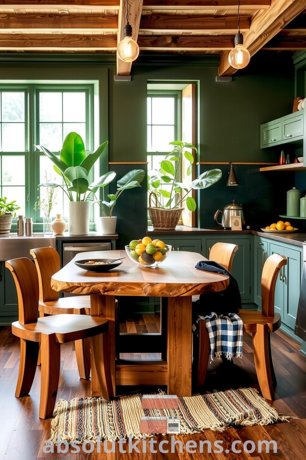 Cozy nature-inspired kitchen with earthy green tones, a handcrafted wooden table, reclaimed timber chairs, and slate countertops, showcasing vibrant plants and a welcoming ambiance for culinary creativity at absolutkitchens.com.