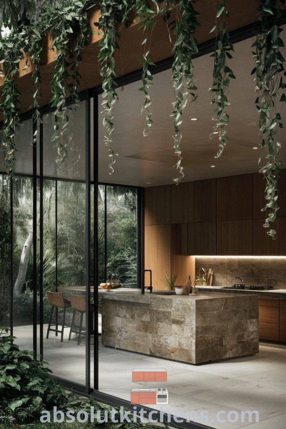 An open kitchen and dining area adorned with greenery on the ceiling, featuring glass walls and showcasing Industrial Tropical Interior design. This modern tropical kitchen offers inspiring decor ideas for house or apartment, emphasizing biophilic principles for a cozy aesthetic. Discover more at absolutkitchens.com.