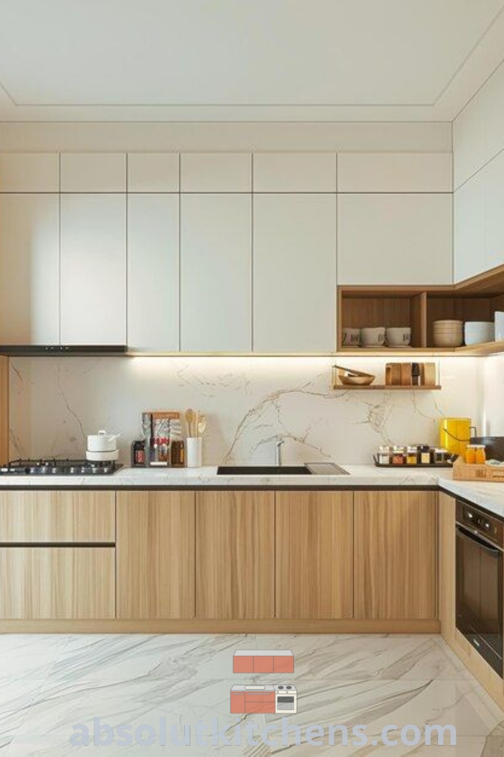 A modern kitchen showcasing marble countertops, wooden cabinets, and bar stools in a Scandinavian design style. The light and natural color palette enhances the serene environment, highlighting cozy ideas for a wellness-focused home. Explore more unique decor inspirations at wellnesswink.com.