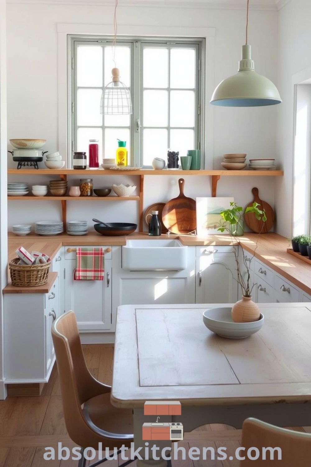 Scandinavian kitchen with soft white tones, rustic wooden countertops, and handcrafted ceramic decor, featuring natural light and a cozy ambiance, offering inspiring ideas for decor and home design at fireplacesandwoodstoves.com.