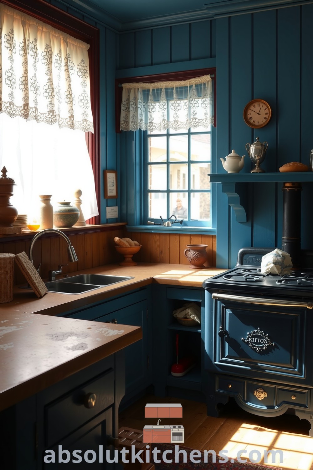 Charming blue Victorian kitchen with rustic wooden cabinetry, sunlight filtering through lace curtains, and worn stone countertops, featuring a cast-iron stove and an inviting atmosphere, showcasing cozy home design ideas at absolutkitchens.com.