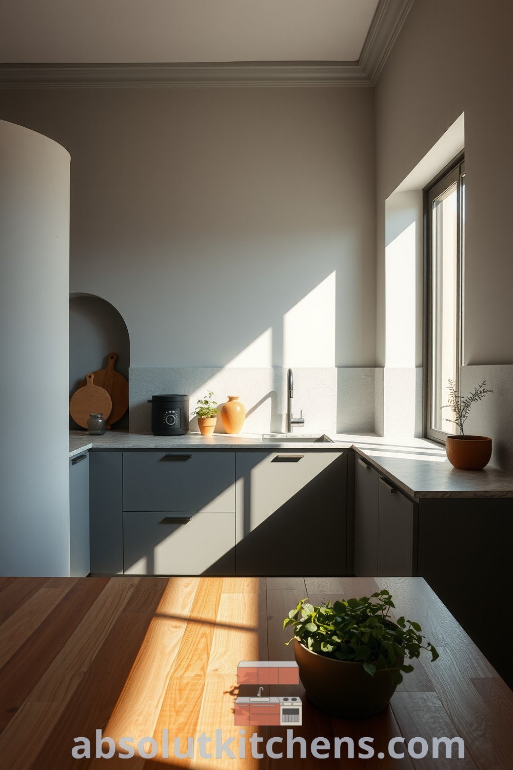 Cozy minimalist kitchen with grey cabinetry, textured stone countertops, warm wood accents, and sunlit potted herbs, creating a calm atmosphere and inspiring design ideas for your home, featured on fireplacesandwoodstoves.com.