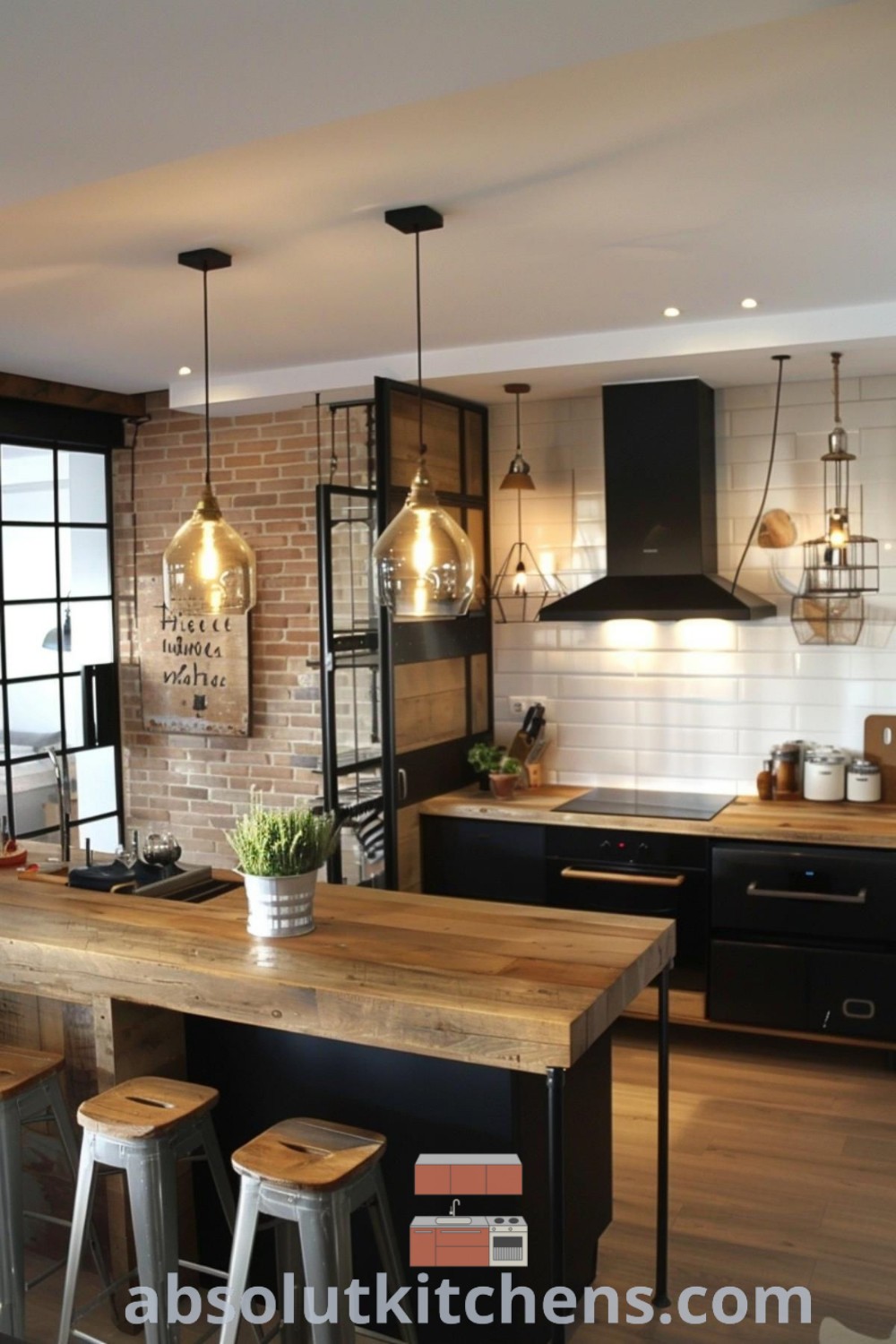 An industrial kitchen featuring wooden counter tops, stools, and an island in front of a brick wall, showcasing cozy ideas and unique designs. This space embodies dark industrial kitchen aesthetics and Scandinavian influences, providing inspiring decor ideas for your home. Discover more at wellnesswink.com.