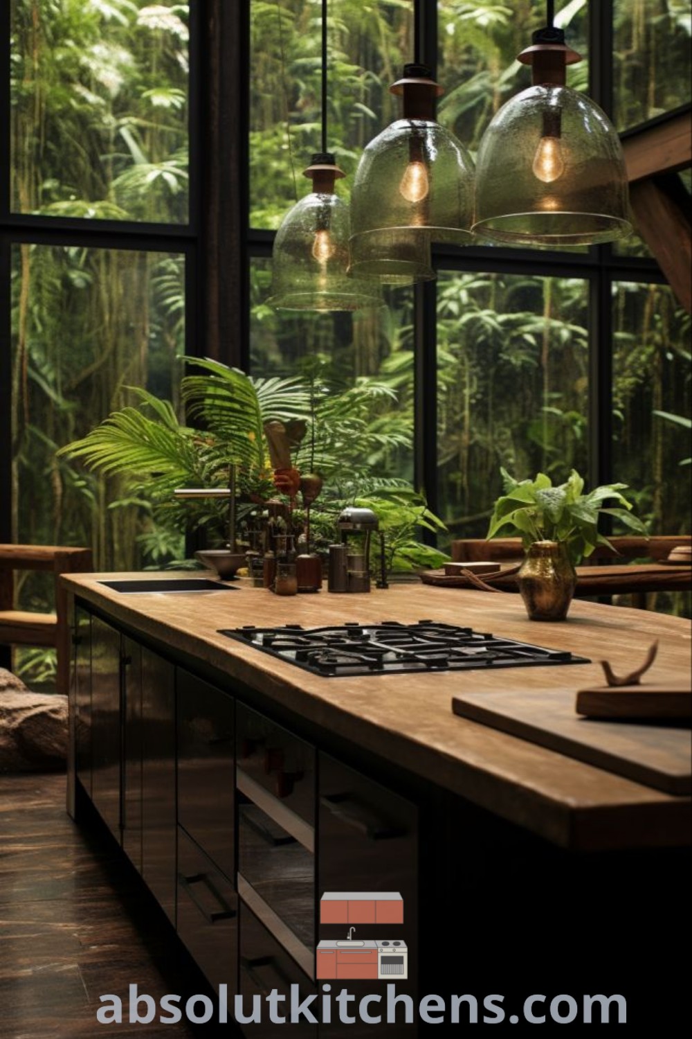 A bright kitchen with large windows showcasing lush plants on the countertop, embodying biophilic design principles. This Rainforest House Design merges nature with modern aesthetics, offering cozy and practical decor ideas for any home. Discover more design trends for creating a serene and inviting kitchen at absolutkitchens.com.