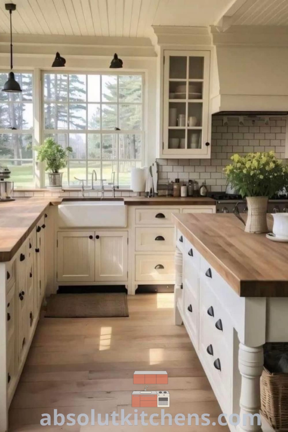 A large farmhouse kitchen showcasing white cabinets and wooden countertops, illuminated by natural light from an open window. This design offers cozy aesthetic inspirations, featuring elements like cream cabinets and butcher block tops. Discover more home decor ideas at absolutkitchens.com.