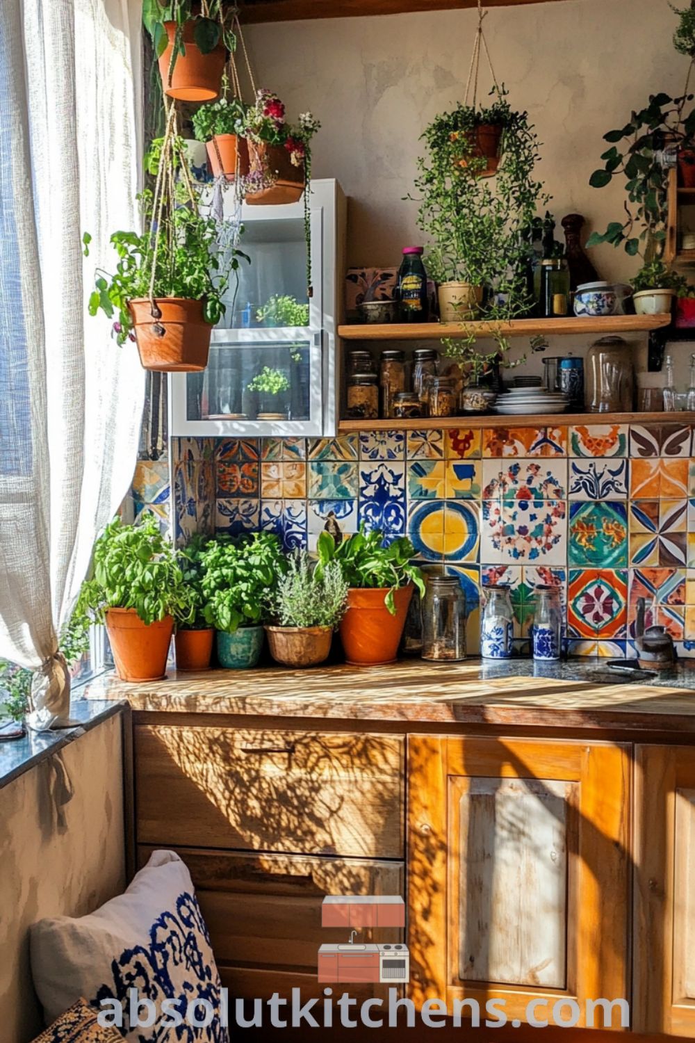Bohemian Kitchen design on absolutkitchens.com featuring eclectic decor, cozy kitchen accents, and colorful tiles, perfect for small kitchen ideas and warm interior design inspiration.