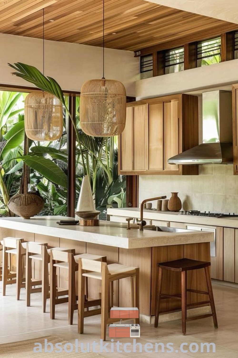 A spacious kitchen featuring wooden cabinets and counter tops, designed in a modern tropical style. The open floor plan showcases tropical interior design elements alongside boho decor, highlighting inspiration for a resort kitchen aesthetic. Discover cozy kitchen ideas at absolutkitchens.com.