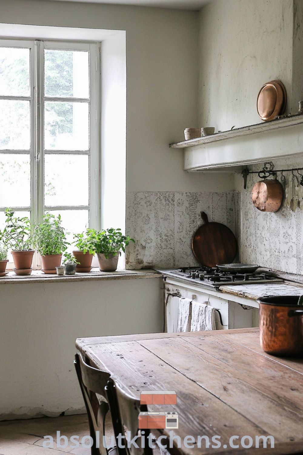 Cozy French kitchen featuring whitewashed walls, a rustic wooden dining table, and potted herbs on the windowsill, complemented by a copper pot overhead, creating a warm and inviting atmosphere perfect for leisurely meals. Visit absolutkitchens.com for design ideas.