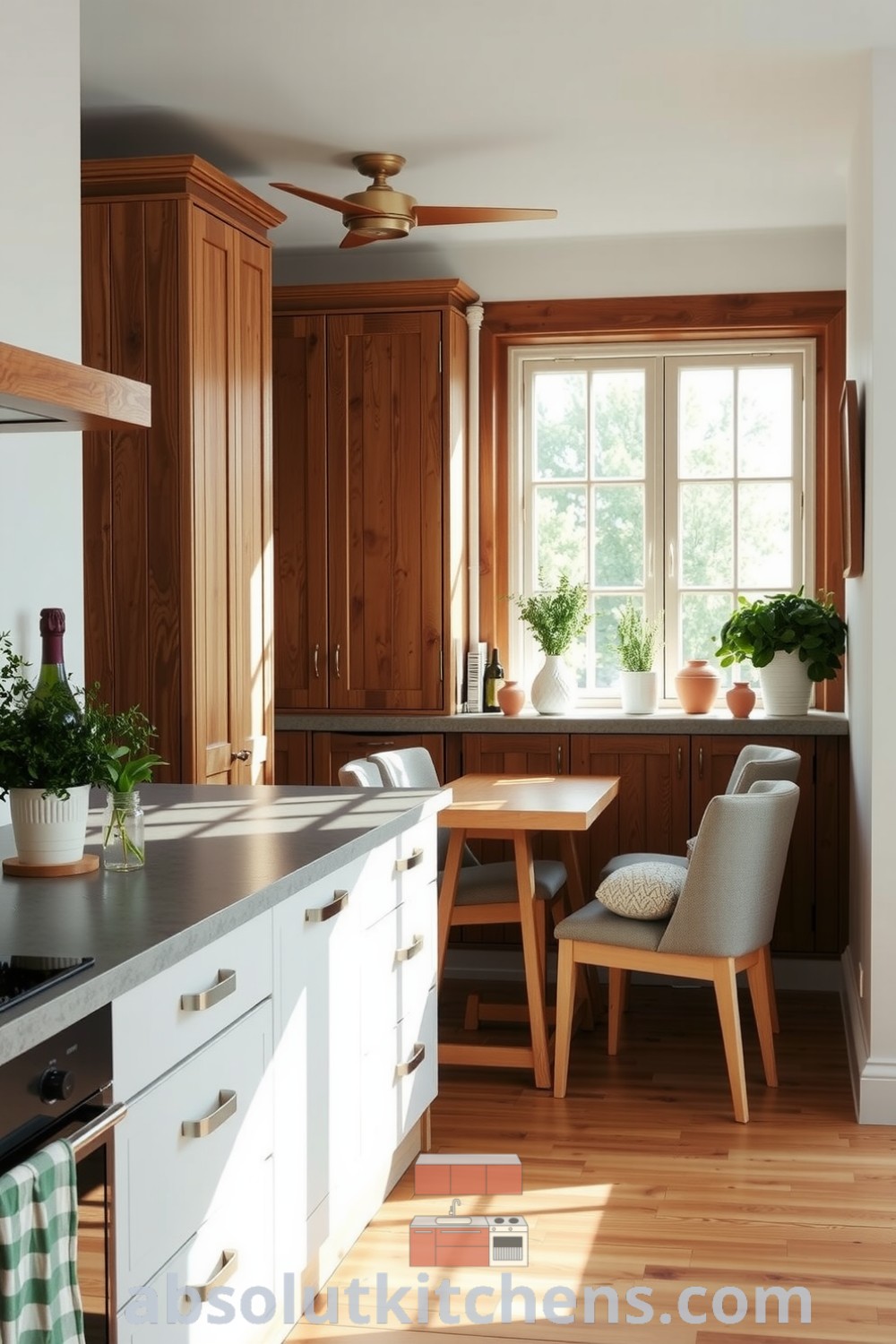 Scandinavian kitchen featuring warm wooden cabinetry, stone countertop, and potted herbs on the windowsill, showcasing cozy design ideas and decor inspirations for a comfortable home, available at fireplacesandwoodstoves.com.