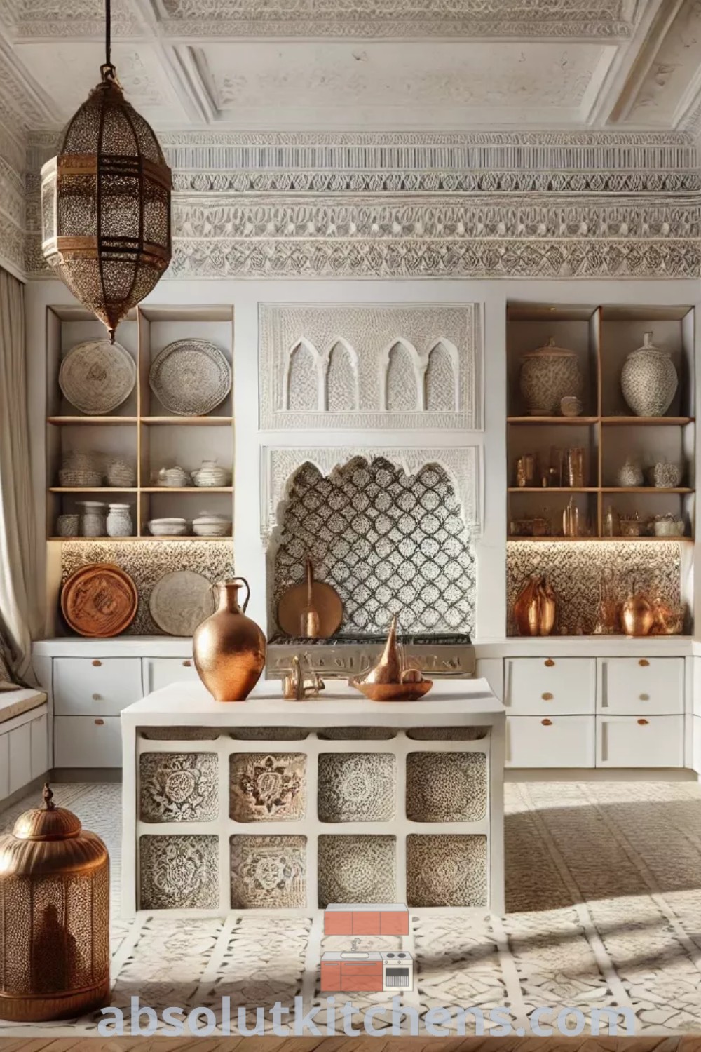 A spacious Moroccan design kitchen featuring abundant white cupboards and decorative copper pots, showcasing elements of Andalusian kitchen style and modern Moroccan interior design. This inspiring kitchen offers decor ideas for small spaces and emphasizes the cozy aesthetic. Visit absolutkitchens.com for more design tips and trends.