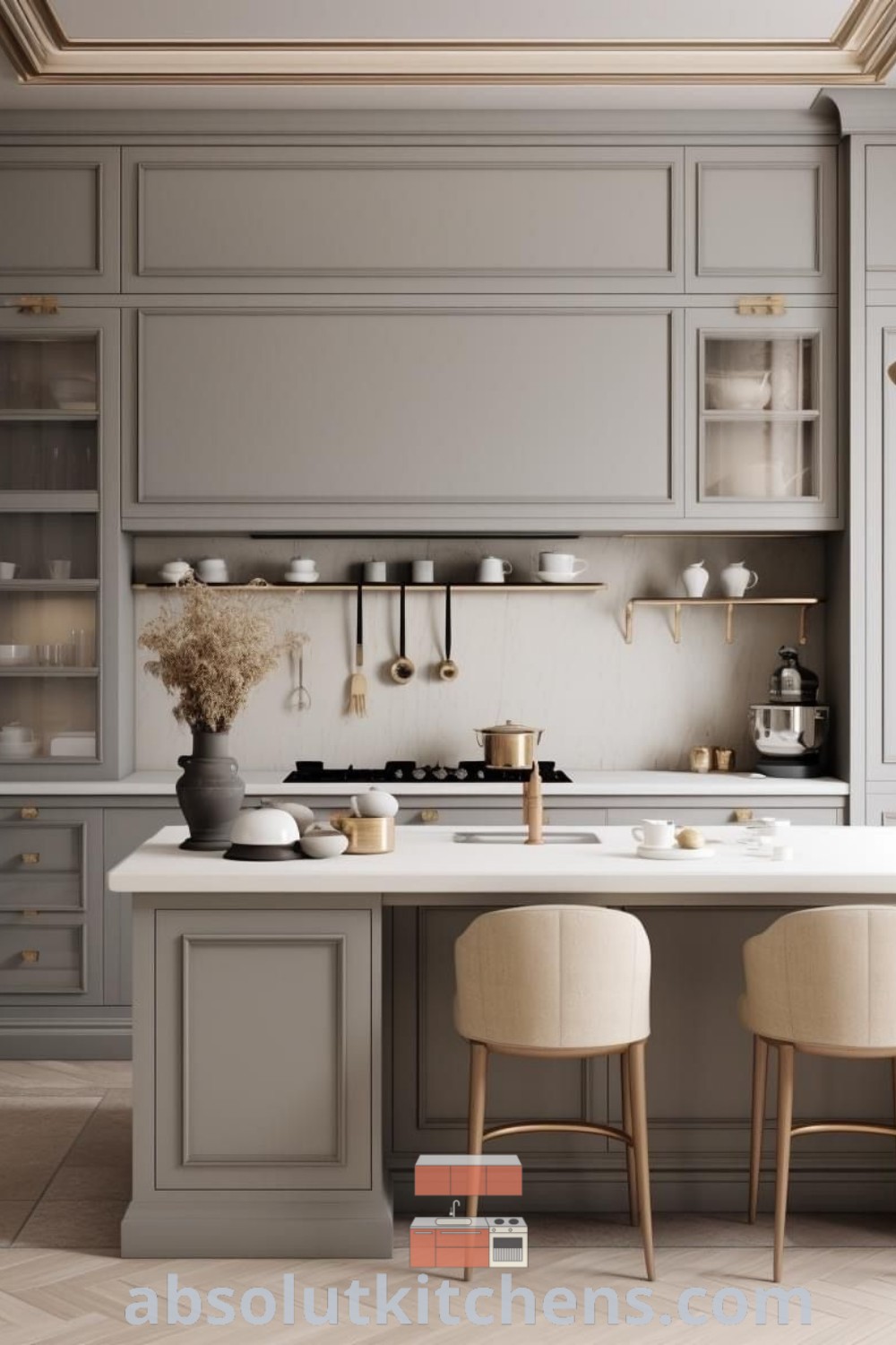 A modern neo classical kitchen with gray cabinets and white countertops, reflecting inspiring design trends and cozy aesthetics. This kitchen offers decorating ideas for both houses and apartments, with functional spaces for upper and lower cabinets. Discover more decor ideas at absolutkitchens.com.