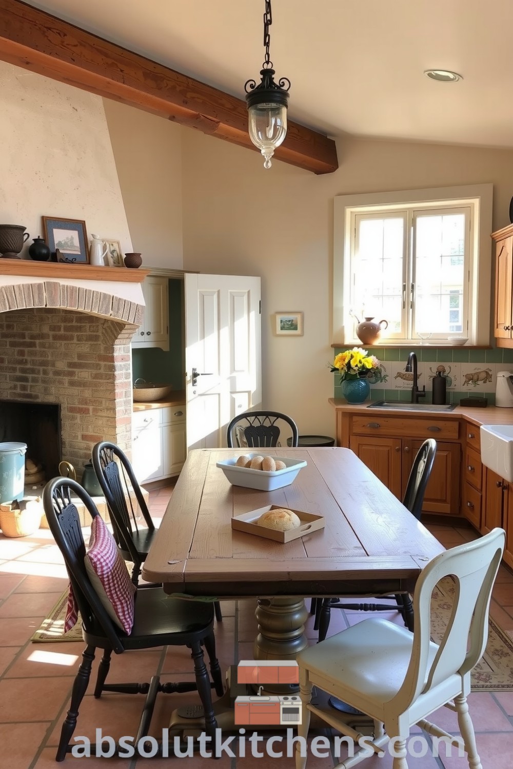 Cozy farmhouse kitchen featuring a stone fireplace, weathered wooden cabinetry, and hand-painted tiles, illuminated by sunlight from an open window, creating an inviting atmosphere ideal for family gatherings. Visit absolutkitchens.com for more cozy design ideas.
