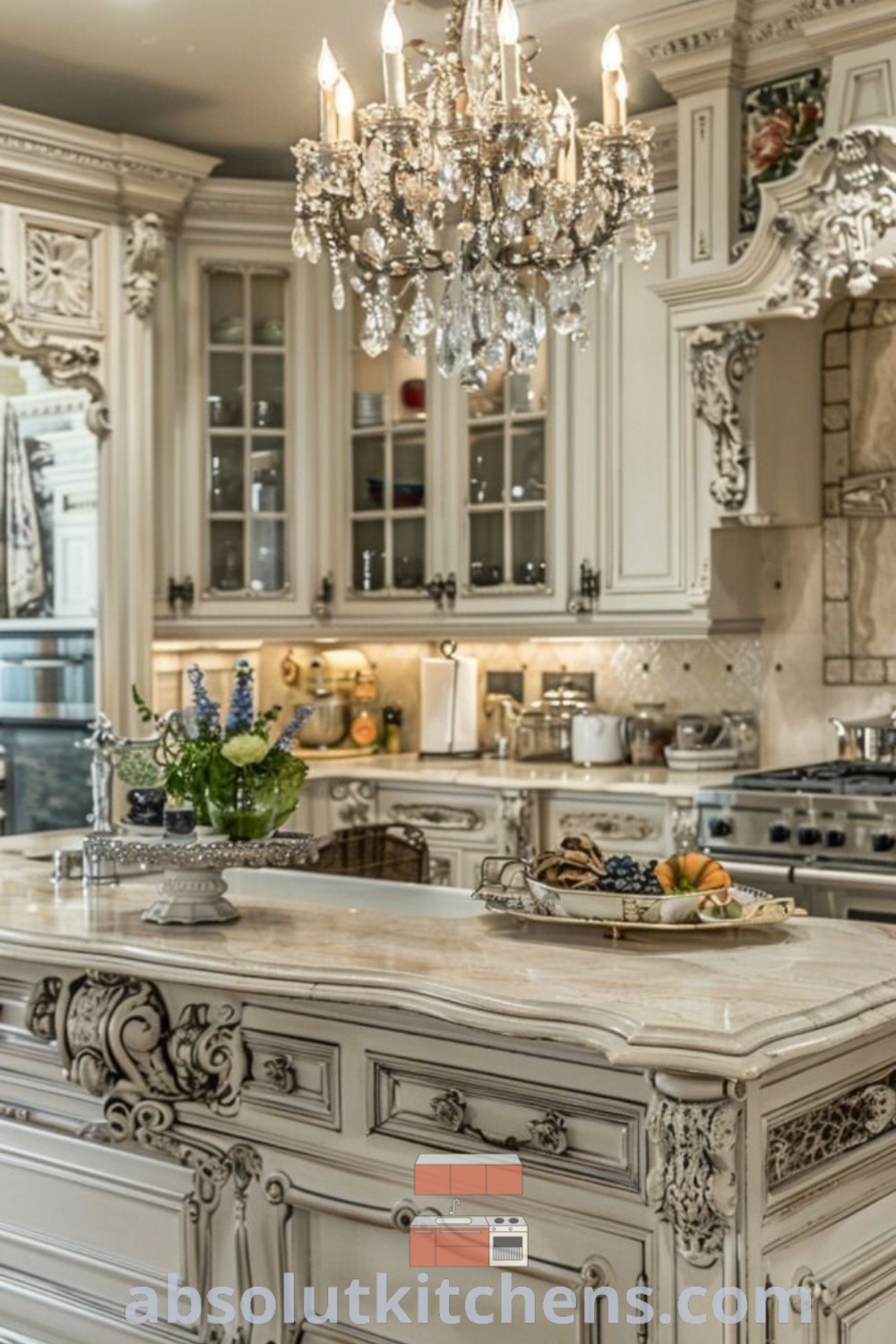 A luxurious Victorian kitchen with distressed cream cabinets, marble countertops, and silver appliances, adorned with an elegant chandelier. This design showcases classic French decor and offers inspiring ideas for house or apartment renovations at absolutkitchens.com.