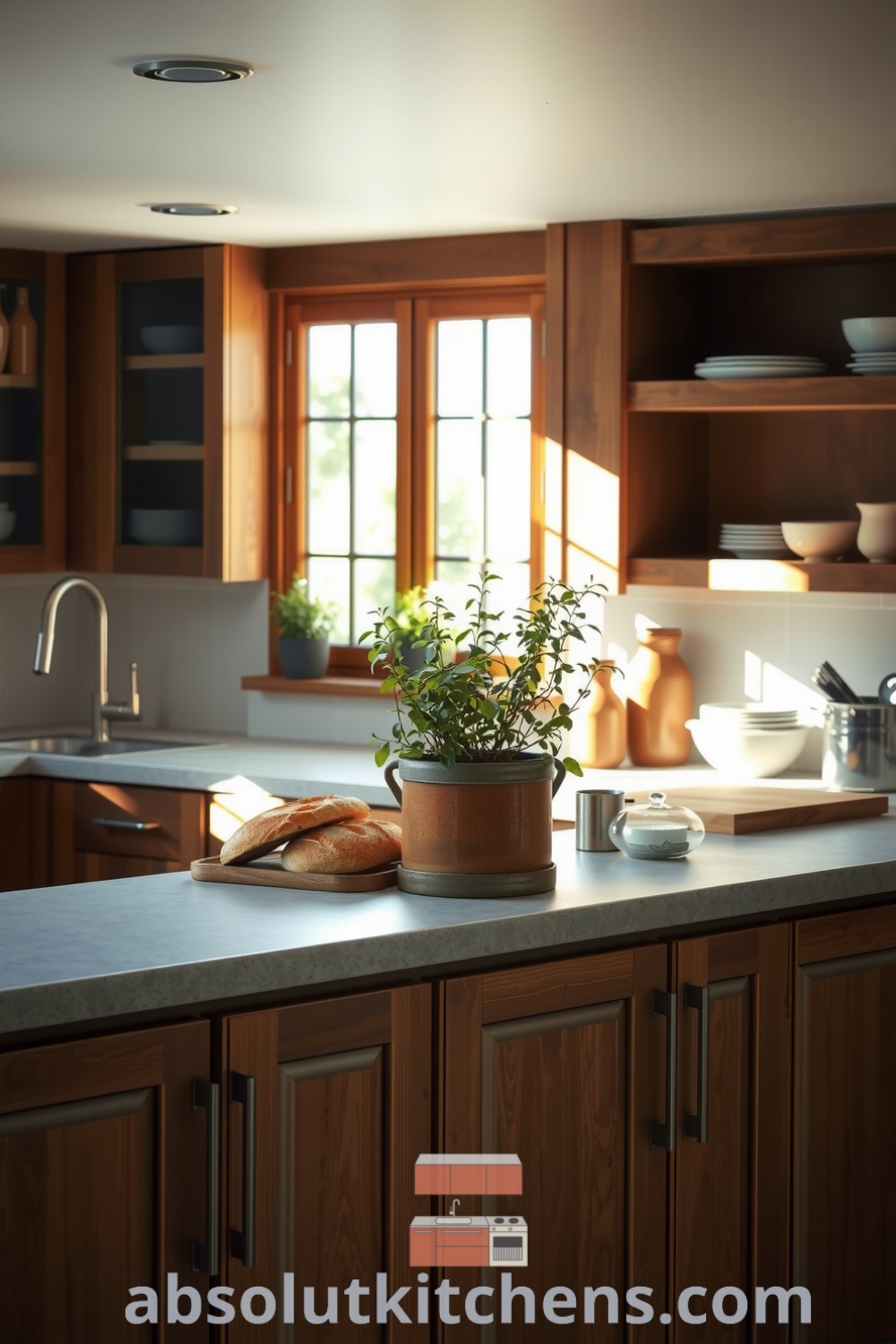 Cozy nature-inspired kitchen with wooden cabinets and stone countertops, enhanced by potted herbs and the aroma of freshly baked bread, offering unique decor ideas and inspirations for a tranquil and inviting home at absolutkitchens.com.