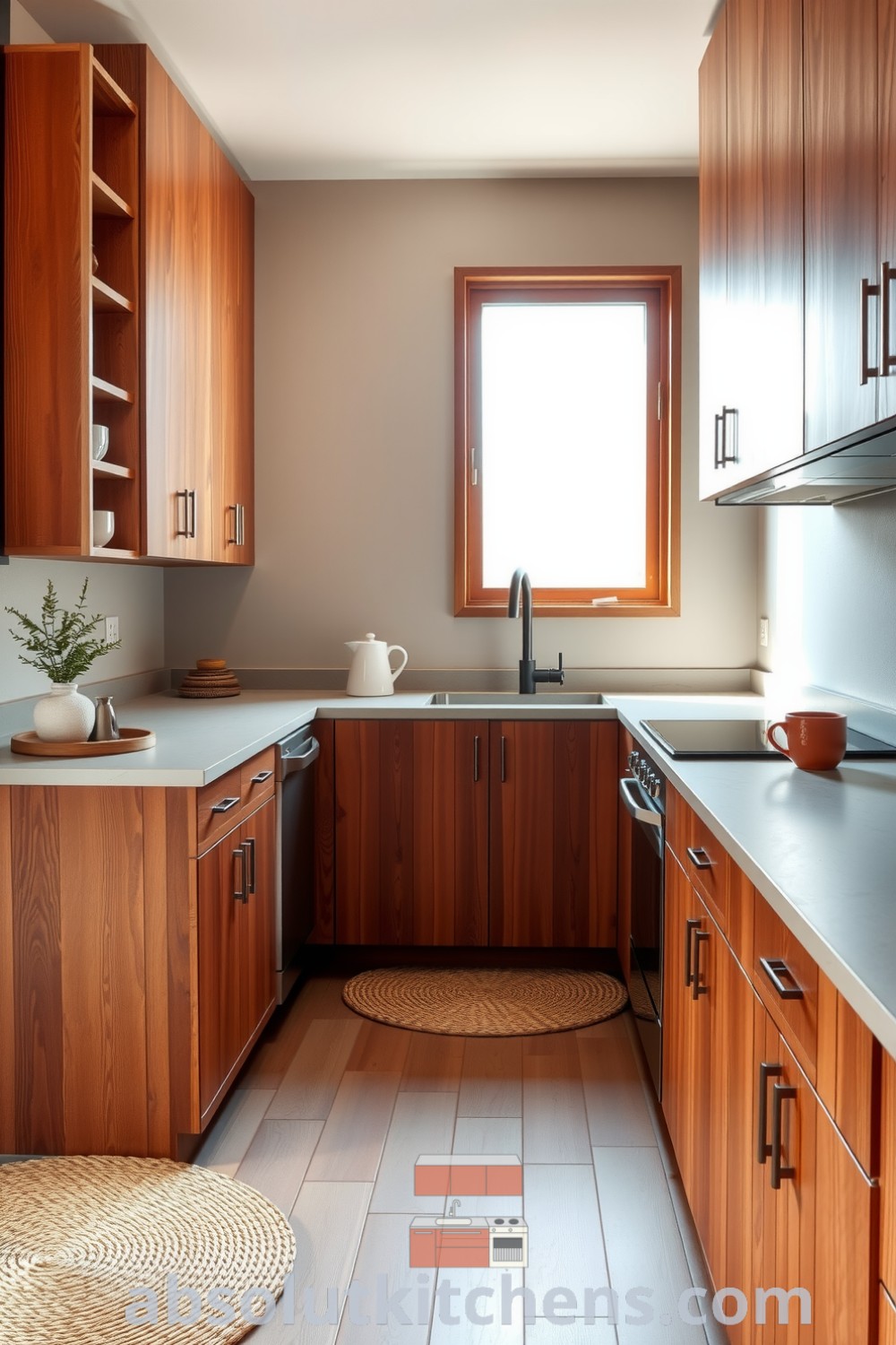 Minimalist kitchen featuring rich brown wooden cabinets, a matte concrete countertop, and a large sink under a window, illuminated by natural light, with woven mats adding warmth and a cozy atmosphere. Visit fireplacesandwoodstoves.com for more cozy home design ideas.