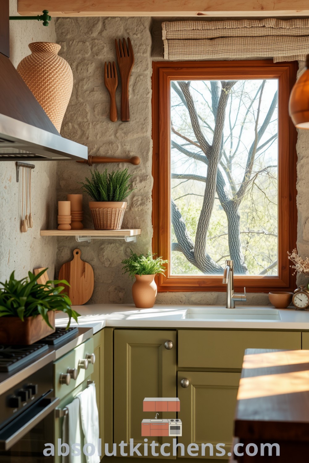 Cozy nature-inspired kitchen featuring textured stone walls, honey-toned wooden cabinetry, and a large window framing a view of trees, creating a warm and inviting atmosphere. Discover ideas for your home at absolutkitchens.com.