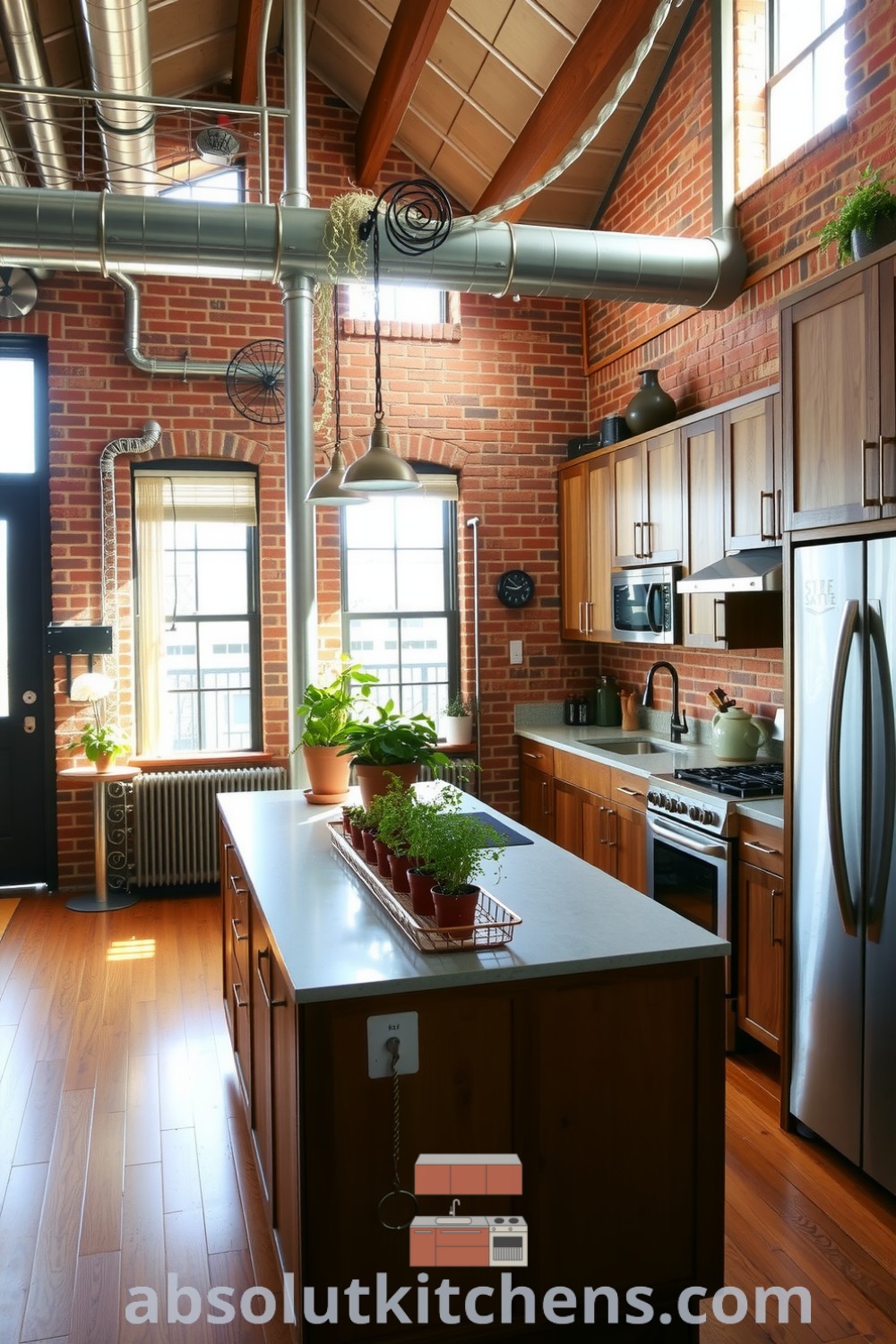 Rustic kitchen in an airy loft with exposed brick walls, reclaimed wooden cabinetry, and steel accents, enhanced by warm hardwood flooring and potted herbs, showcasing cozy ideas for home decor inspirations on fireplacesandwoodstoves.com.