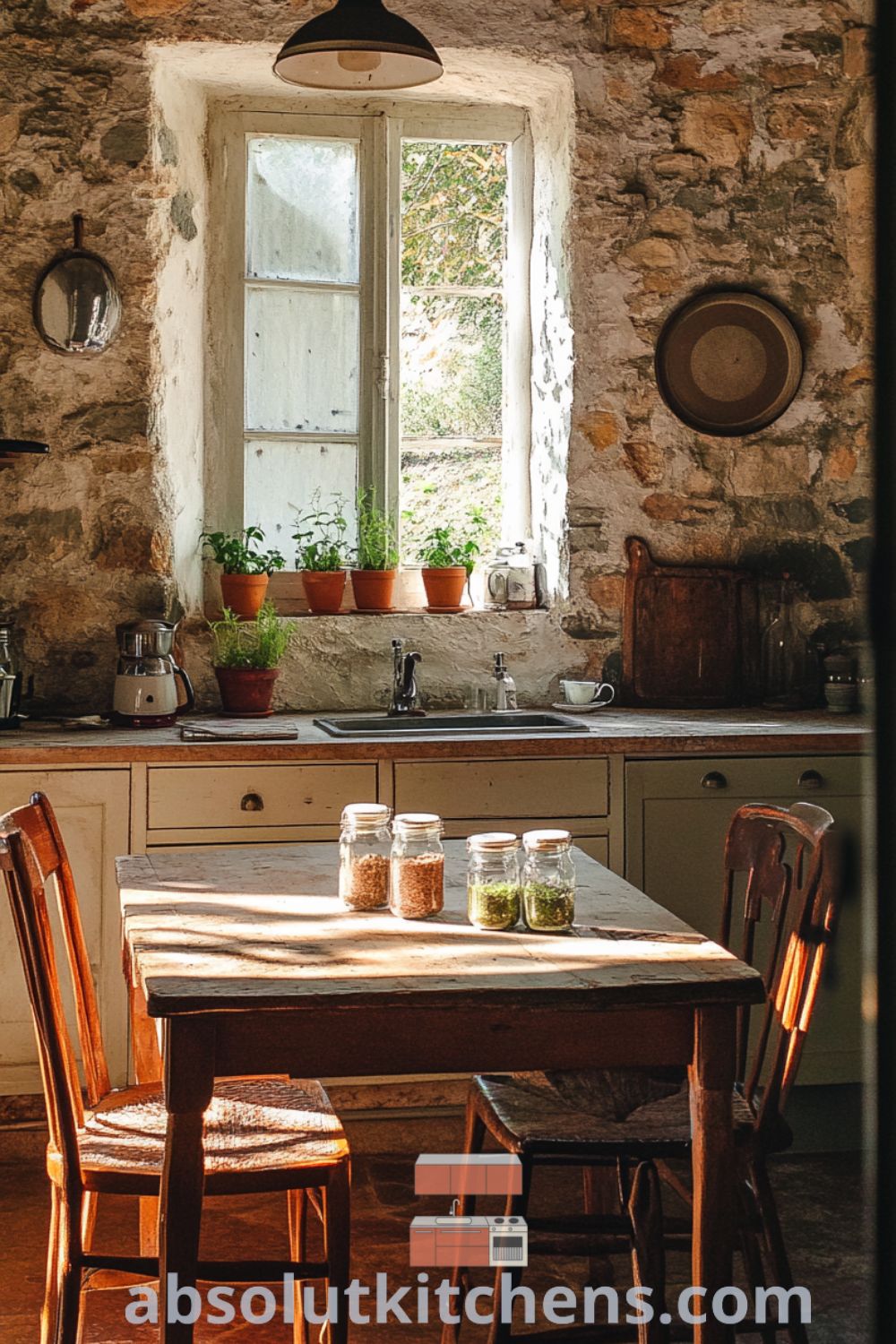 Rustic kitchen with vintage decor on absolutkitchens.com featuring warm wooden cabinetry, inviting farmhouse table, and cozy aesthetic, perfect for house or apartment design trends.