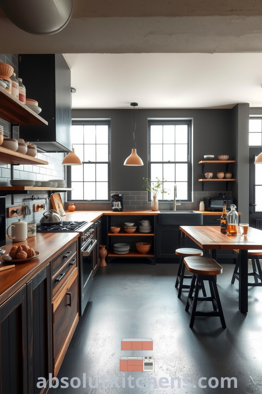 Stylish chic loft kitchen with grey decor, rugged wooden cabinetry, large windows, handmade ceramic bowls, and a polished concrete floor, blending contemporary and rustic elements seamlessly for a cozy home atmosphere. Visit fireplacesandwoodstoves.com for inspiring decor ideas.