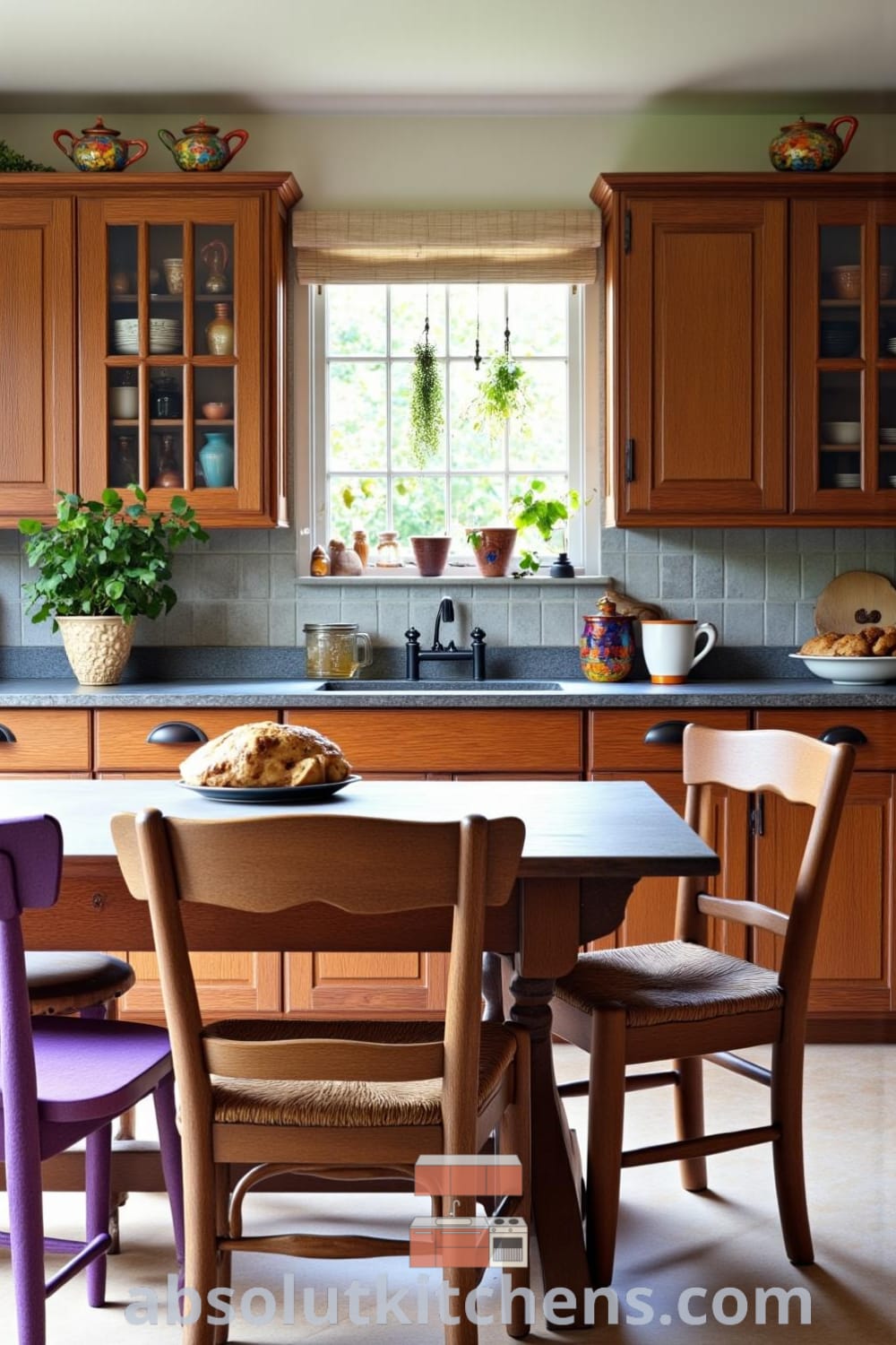 Rustic kitchen design featuring muted purple accents, aged oak cabinetry, and stone countertops, with a well-worn wooden table, mismatched chairs, hanging herbs, and colorful pottery, creating a cozy atmosphere perfect for home gatherings, ideal for decor ideas from fireplacesandwoodstoves.com.