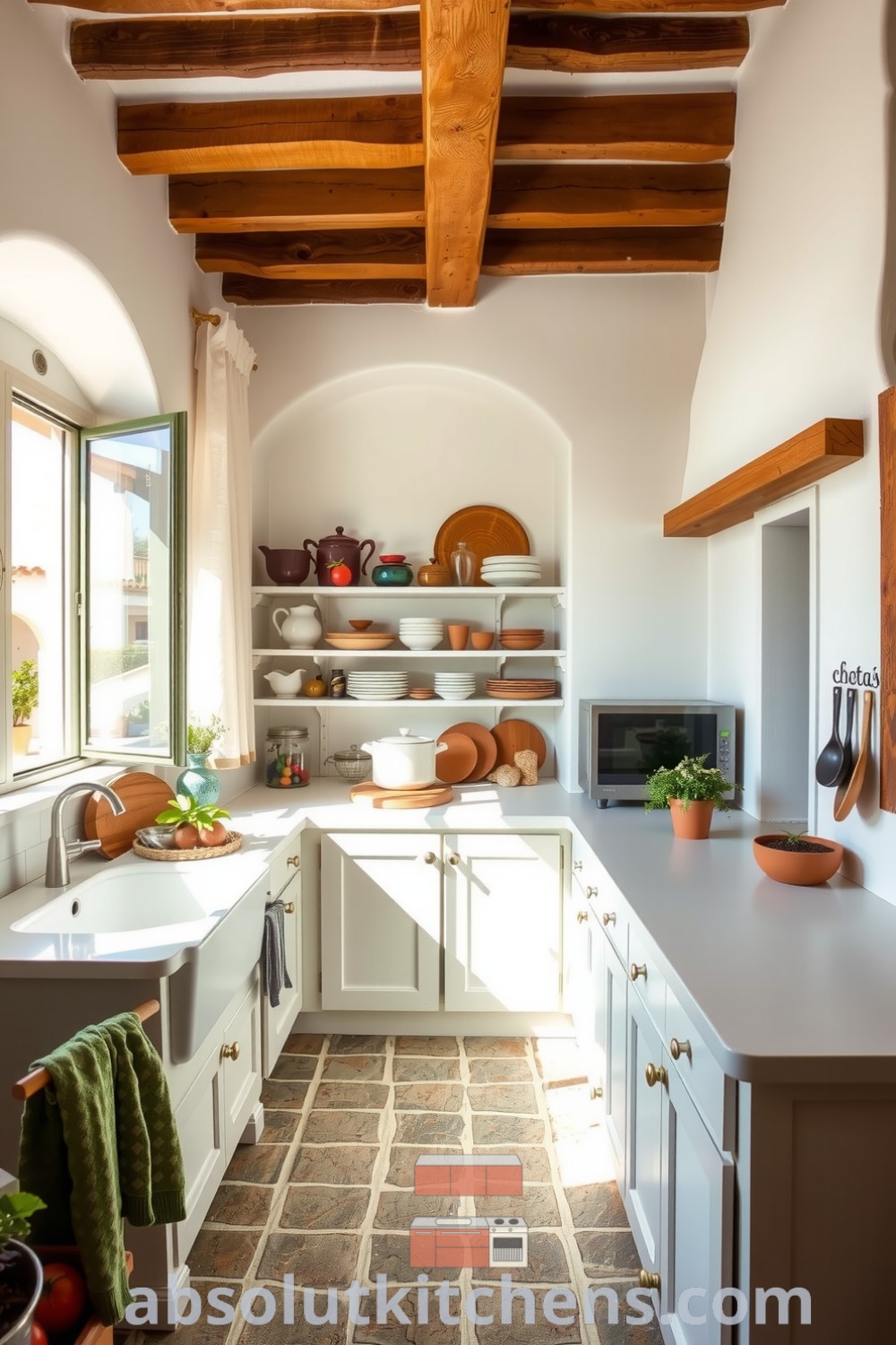 Cozy Mediterranean kitchen featuring wooden beams, rough stone tiles, a farmhouse sink with potted herbs, and open shelves stacked with colorful earthenware, creating an inviting atmosphere perfect for gathering. Visit absolutkitchens.com for more decor ideas and inspirations.