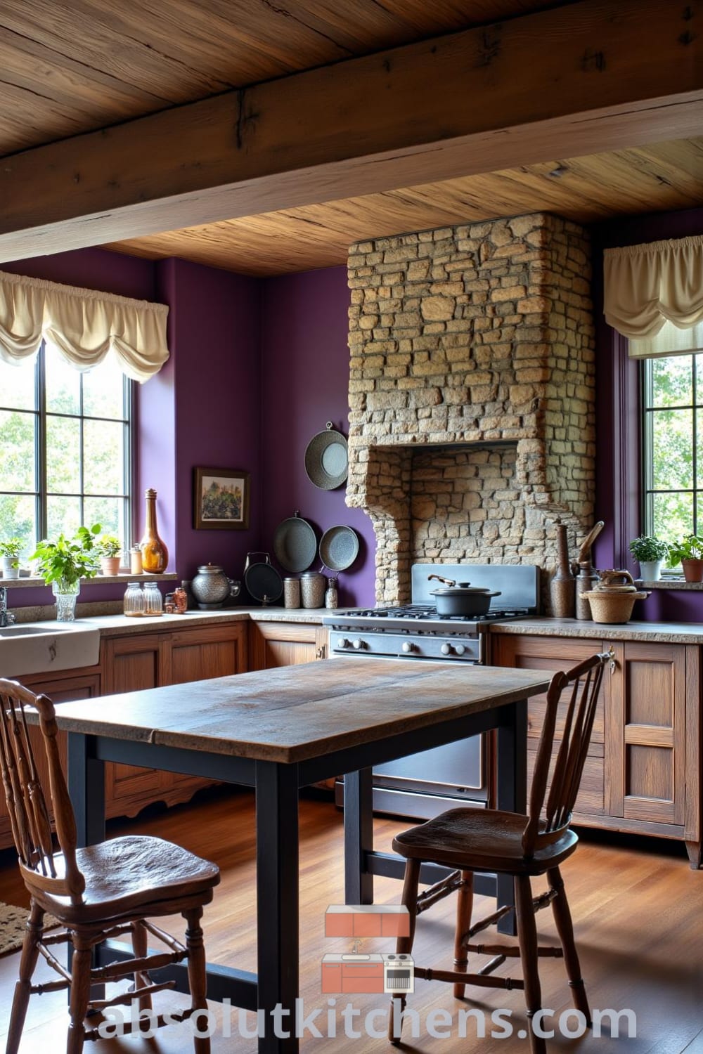 Rustic kitchen with deep purple walls, aged wood and stone accents, a farmhouse table, mismatched chairs, and sunlight streaming through linen curtains, showcasing cozy design ideas and inspirations for your home, featured on fireplacesandwoodstoves.com.