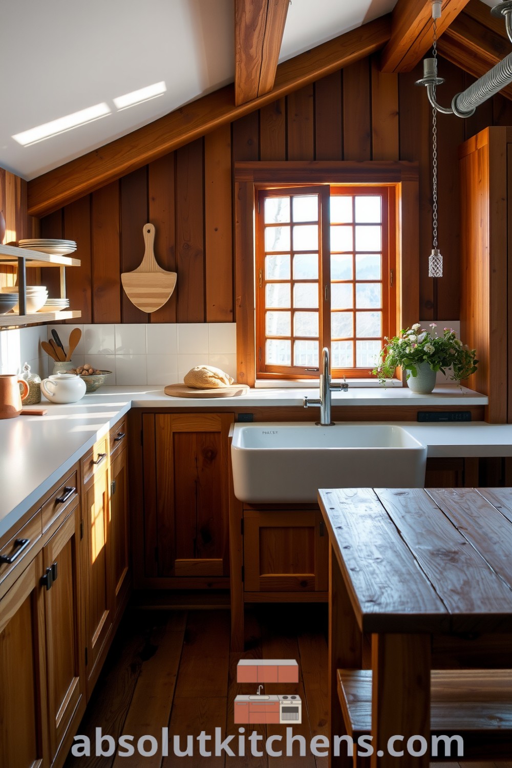 Cozy Scandinavian kitchen featuring rich brown cabinetry, white countertops, and hand-hewn shelves, created for inviting gatherings and culinary pursuits, filled with warmth and character, as shown on fireplacesandwoodstoves.com.