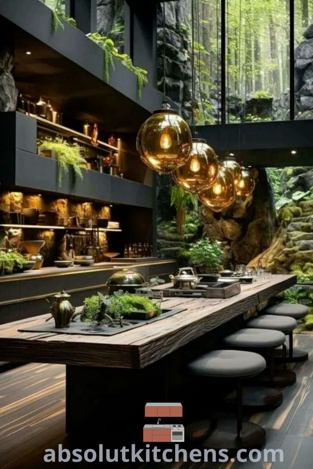 An indoor dining area showcasing dark biophilic design with large windows overlooking a lush forest. The space features tables and stools, perfect for a cozy aesthetic and inviting atmosphere. This jungle style interior offers decorating ideas for small spaces that capture nature