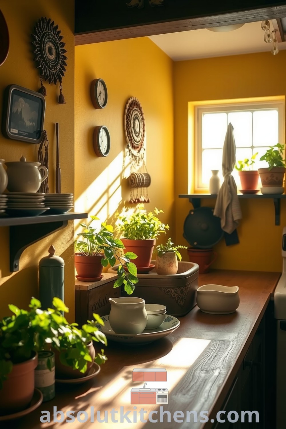 Cozy boho kitchen with sunshine filtering through yellow walls, rustic wooden countertops, open shelves of mismatched ceramic dishes, and thriving potted plants on the windowsill, showcasing inspiring decor ideas for cozy home design from absolutkitchens.com.