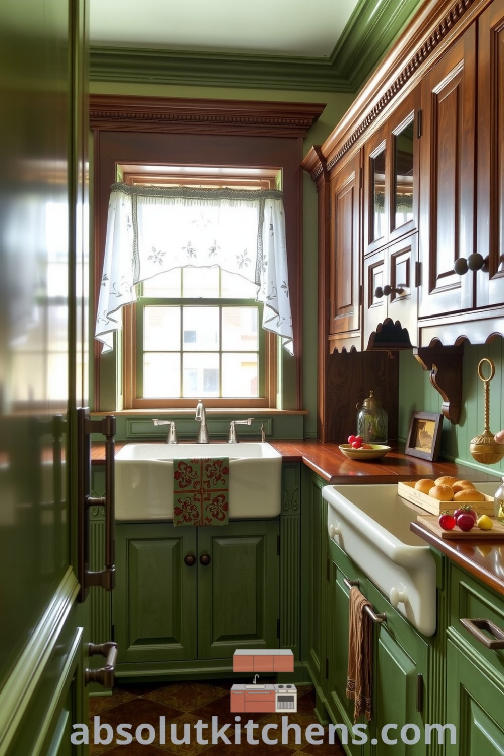 Cozy Victorian kitchen featuring a sage green color scheme, dark oak cabinetry with intricate carvings, a farmhouse sink, and lace curtains, creating an inviting atmosphere filled with the scents of fresh bread and herbs. Find more inspiring decor ideas for your home at absolutkitchens.com.
