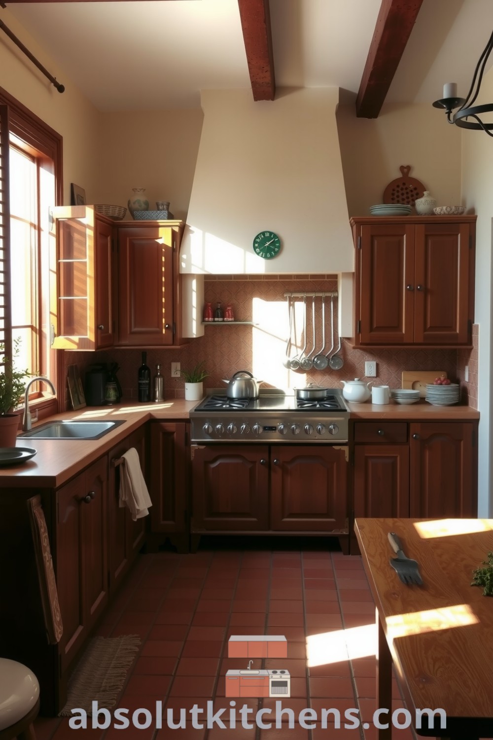 Cozy Mediterranean kitchen featuring brown wooden cabinetry, sun-drenched terracotta tiles, a rough stone wall, and an intricately tiled backsplash, enhancing the warm atmosphere and inviting culinary traditions, from absolutkitchens.com.