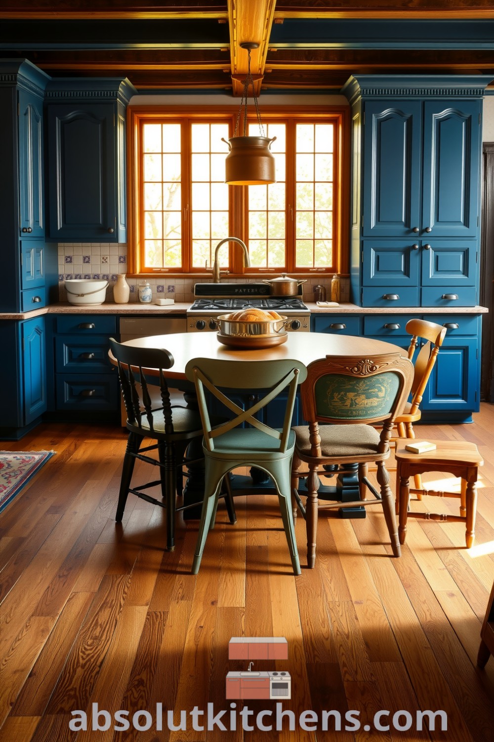 Cozy Victorian kitchen featuring deep blue cabinetry, sunlit wooden flooring, intricate woodwork, a spacious table with mismatched chairs, and a hanging copper pot, presenting inspiring decor ideas for your home at absolutkitchens.com.