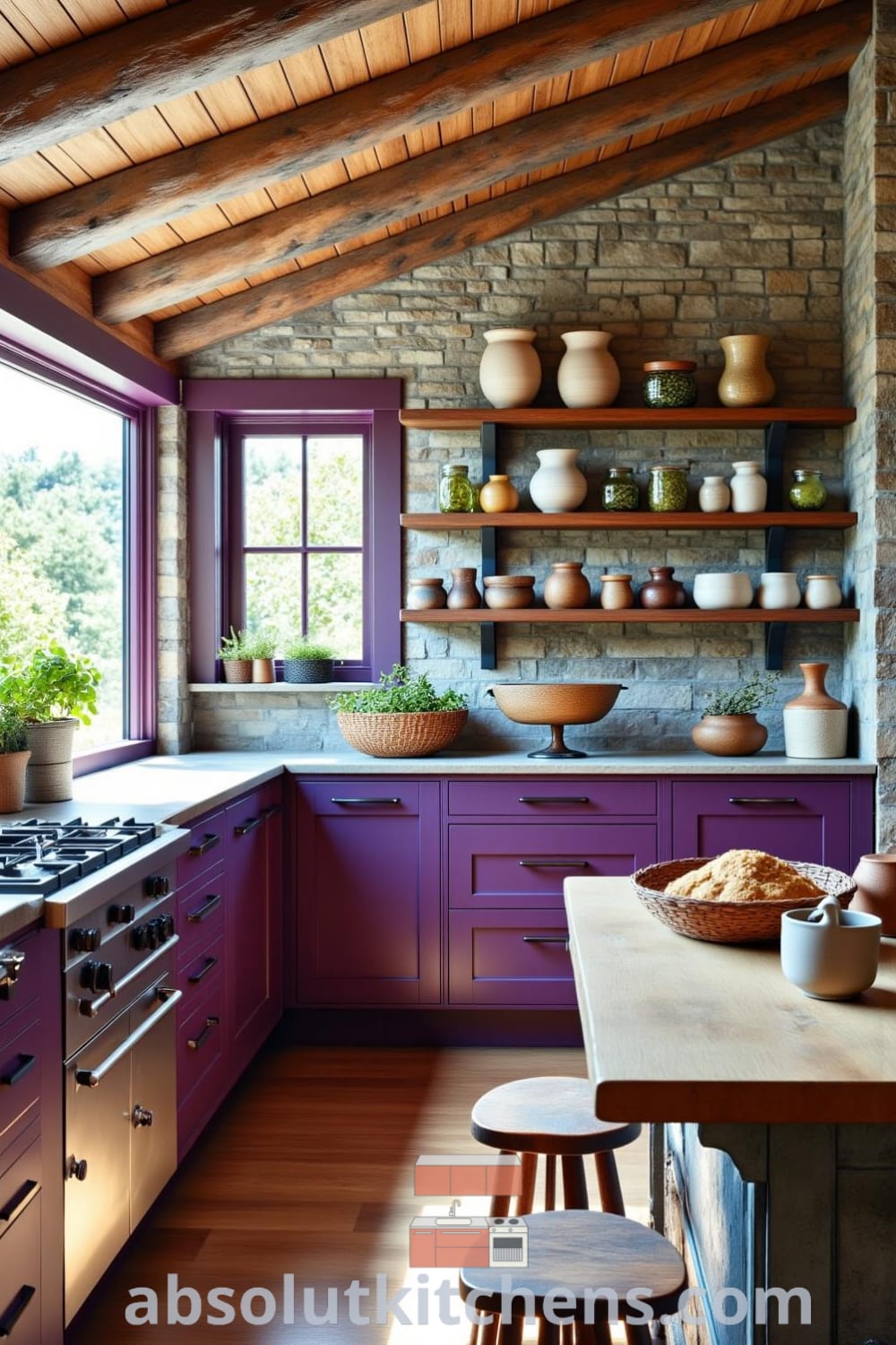 Cozy rustic kitchen with deep purple accents, weathered wood, and earthy stone, featuring mismatched furniture, shelves of colorful herbs, and the comforting aroma of baking bread, providing design ideas for a cozy home at fireplacesandwoodstoves.com.