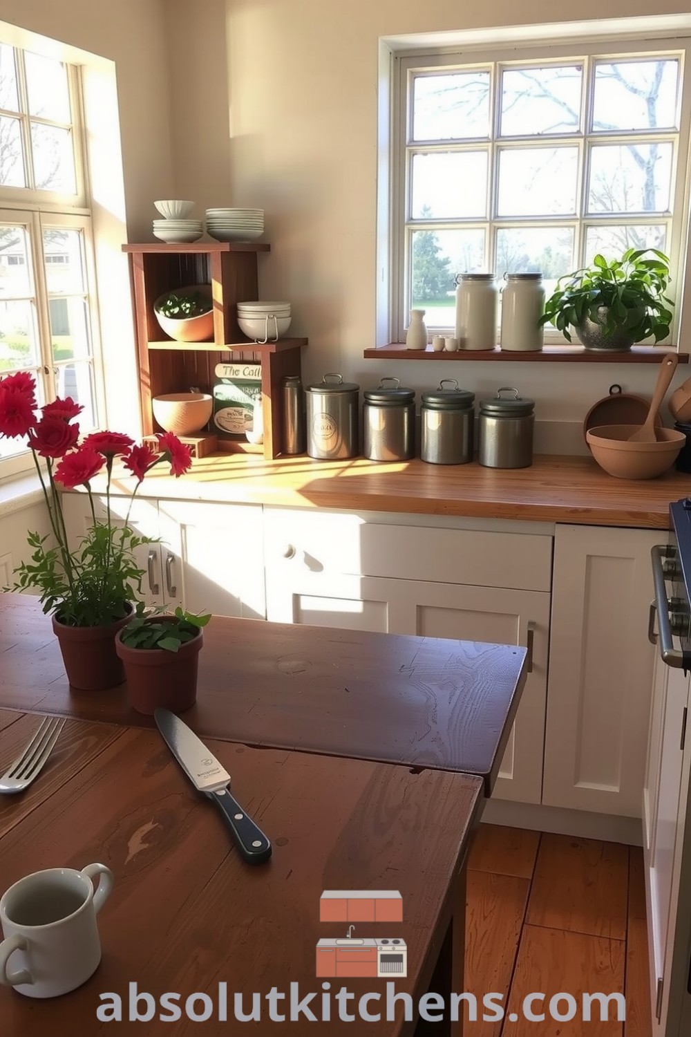 Cozy farmhouse kitchen with rustic wooden countertops, sunlight streaming through large windows, and warm decor featuring terracotta pots and vintage canisters, ideal for inspiring ideas and design tips for a cozy home at absolutkitchens.com.
