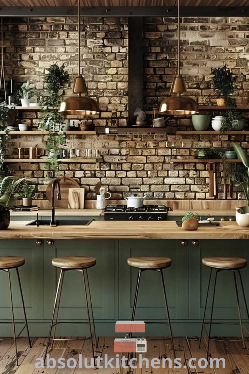 A rustic modern kitchen with brick walls, wooden floors, and green cabinets, showcasing inviting decor ideas for small spaces. The kitchen design features a cozy island with stools, offering a warm atmosphere and practical solutions. Discover more design trends and inspiring kitchen ideas at absolutkitchens.com.