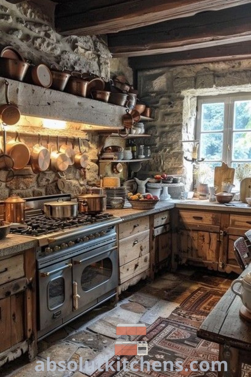 A cozy rustic kitchen featuring many pots and pans on the stove top, a warm rug, and an inviting atmosphere showcasing old-fashioned kitchen design trends. This space offers inspiring decor ideas for small spaces and blends perfectly with a rustic home aesthetic. Discover more unique kitchen inspirations at absolutkitchens.com.