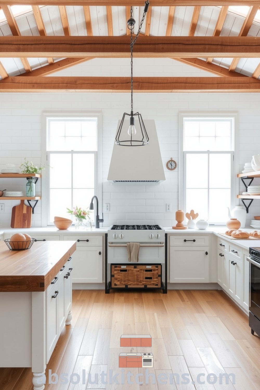 Cozy farmhouse kitchen with white decor, large windows, reclaimed wood island, rustic pottery, and a farmhouse sink, showcasing inviting design ideas and inspirations for your home at absolutkitchens.com.