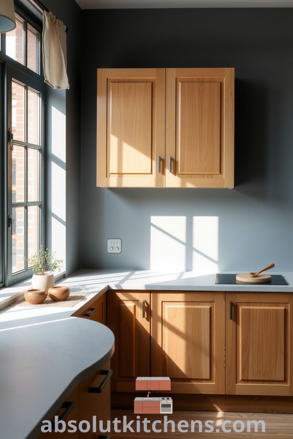 A cozy minimalist kitchen featuring cool grey walls, wooden cabinetry, a sleek stone countertop, and a small herb garden on the windowsill, with soft morning light filtering in, creating an inviting atmosphere perfect for quiet breakfasts. Discover unique decor ideas at fireplacesandwoodstoves.com.