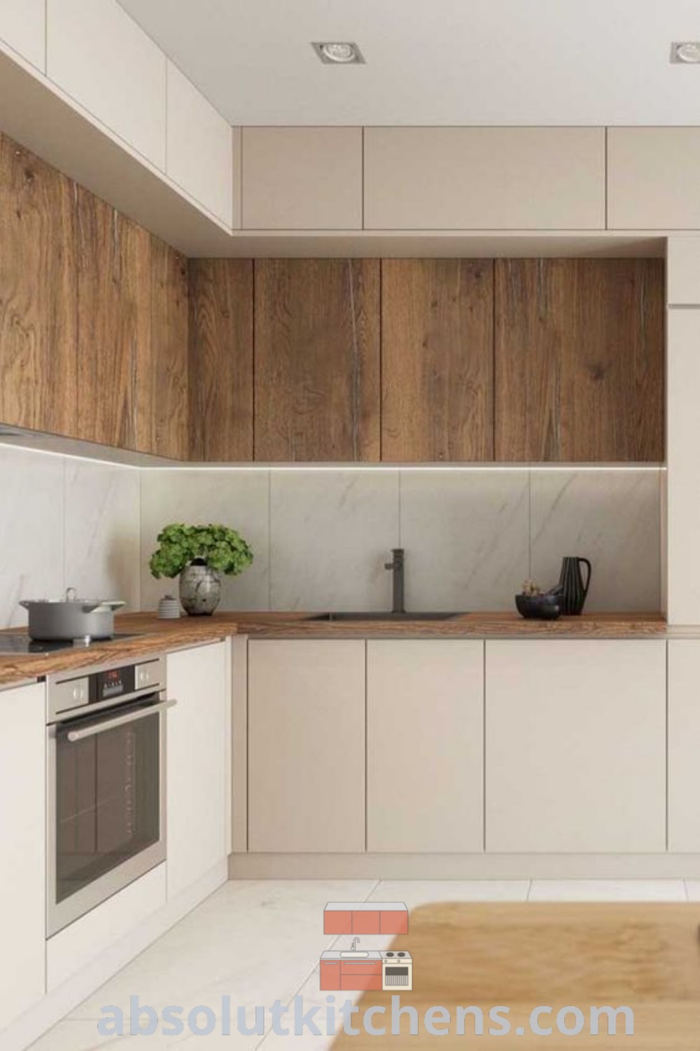 A modern kitchen design with wooden cabinets, white countertops, and a stove top oven, offering cozy ideas and inspirations for a minimalist kitchen. This stylish space blends aesthetics and functionality, perfect for your home decor needs. Explore unique kitchen design ideas at wellnesswink.com.