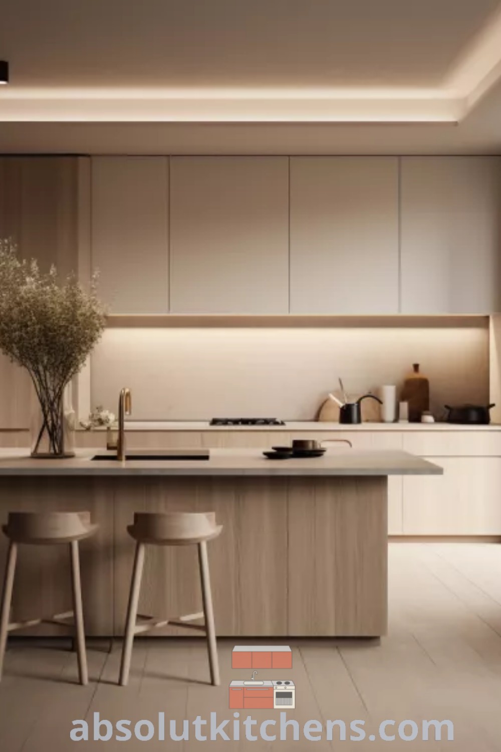 A clean and modern kitchen showcasing cream-coloured flat panel cabinets, enhancing the contemporary white kitchen aesthetic. The design features laminate kitchen cabinets, offering unique decor ideas for a cozy home. Discover more inspiring kitchen designs at wellnesswink.com.