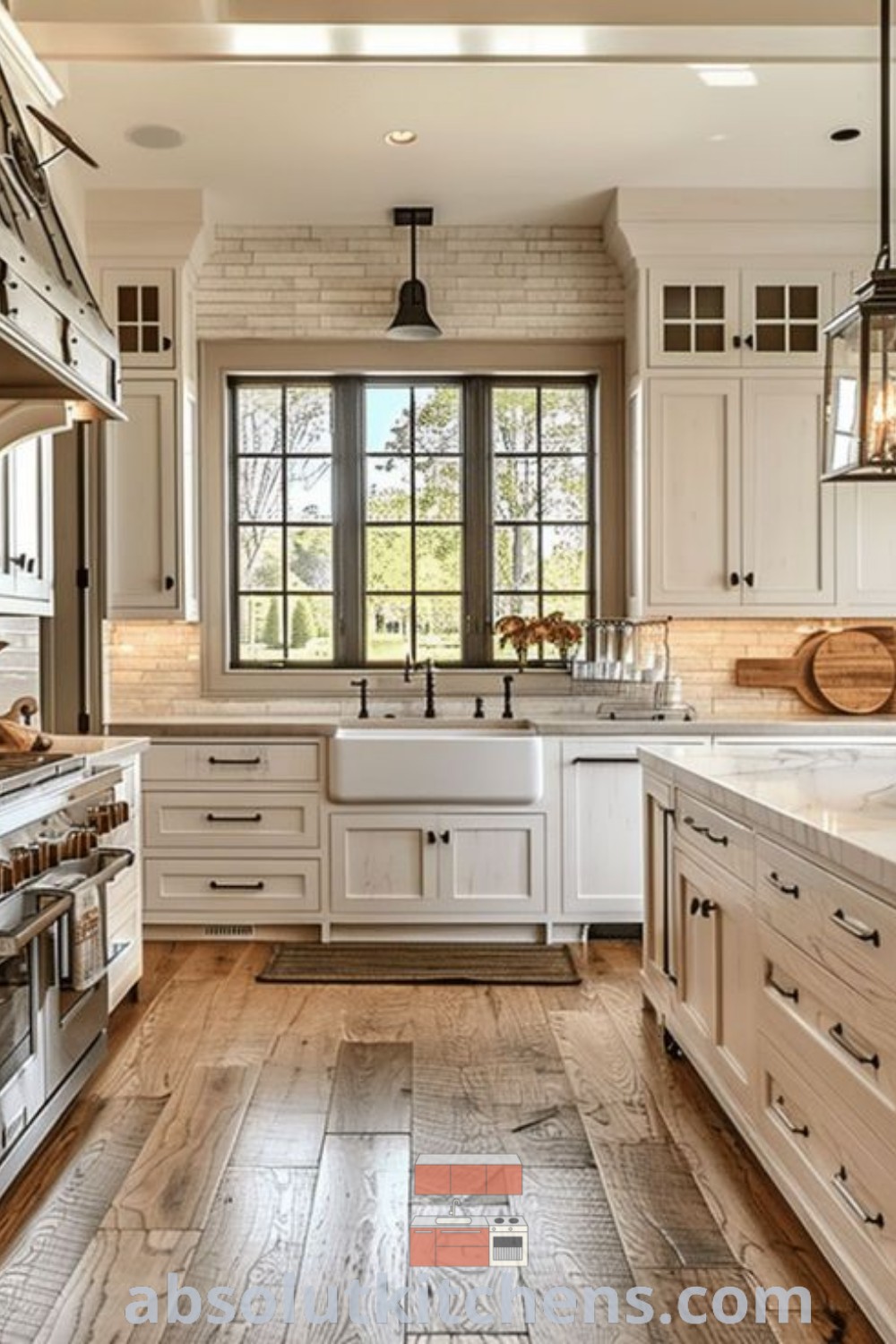 A spacious rustic kitchen with cream cabinets, wood flooring, and an inviting island design. This setting exemplifies modern kitchen design with a cozy aesthetic, showcasing kitchen backsplash ideas with cream cabinets. Find inspiring rustic kitchen decor ideas at absolutkitchens.com.
