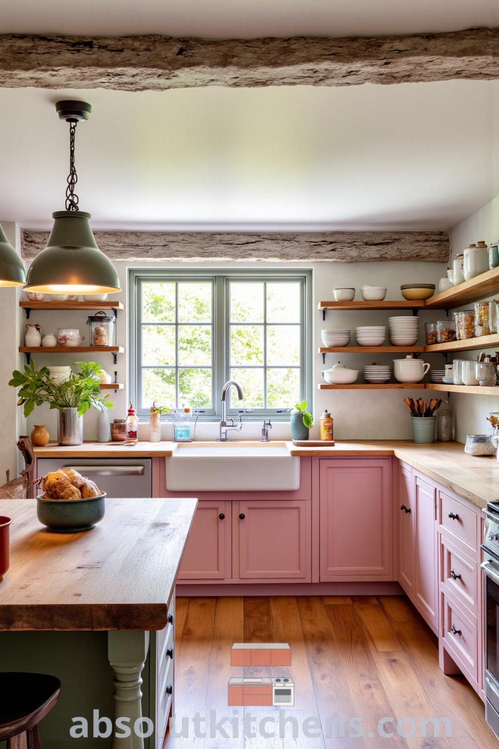 Cozy rustic kitchen with soft pink accents, weathered wooden beams, reclaimed wood counters, and an antique farmhouse sink, showcasing design inspirations and decor ideas for a warm, inviting home atmosphere. Visit fireplacesandwoodstoves.com for more unique ideas.
