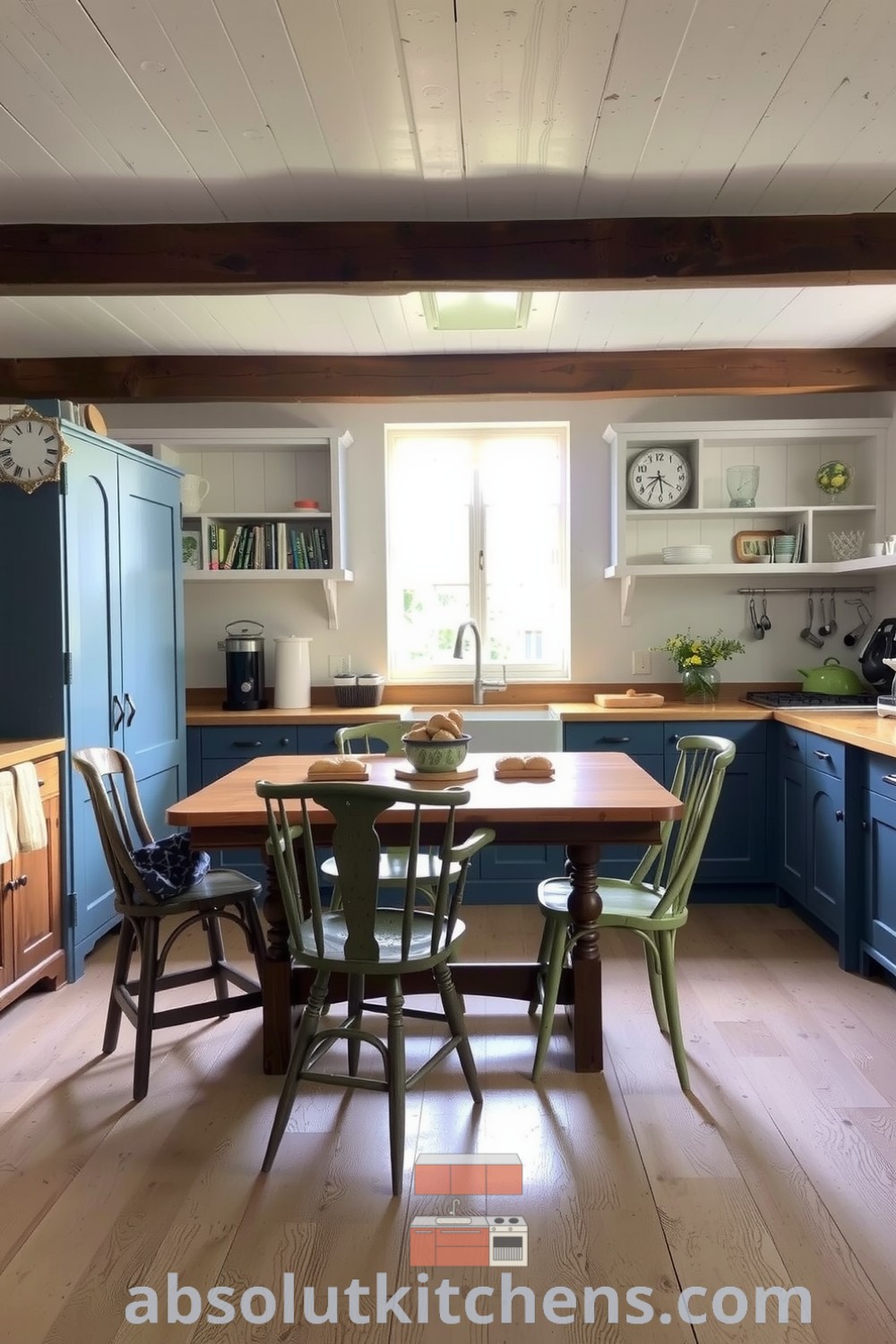 Cozy farmhouse kitchen with blue weathered cabinets, whitewashed walls, and rustic decor ideas, featuring a large farmhouse sink, rough-hewn beams, and mismatched chairs, ideal for family gatherings. Visit absolutkitchens.com for inspiring ideas for your home.
