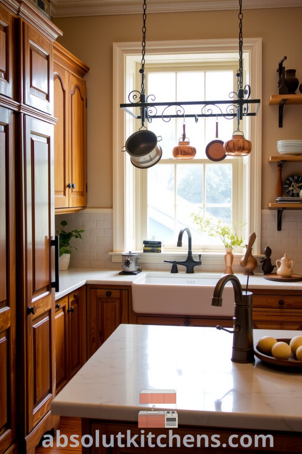 Cozy Victorian kitchen featuring soft beige tones, intricate wood cabinetry, polished marble countertops, a rustic farmhouse sink, and hanging copper pots, creating a warm and inviting atmosphere, ideal for design ideas for your home at absolutkitchens.com.