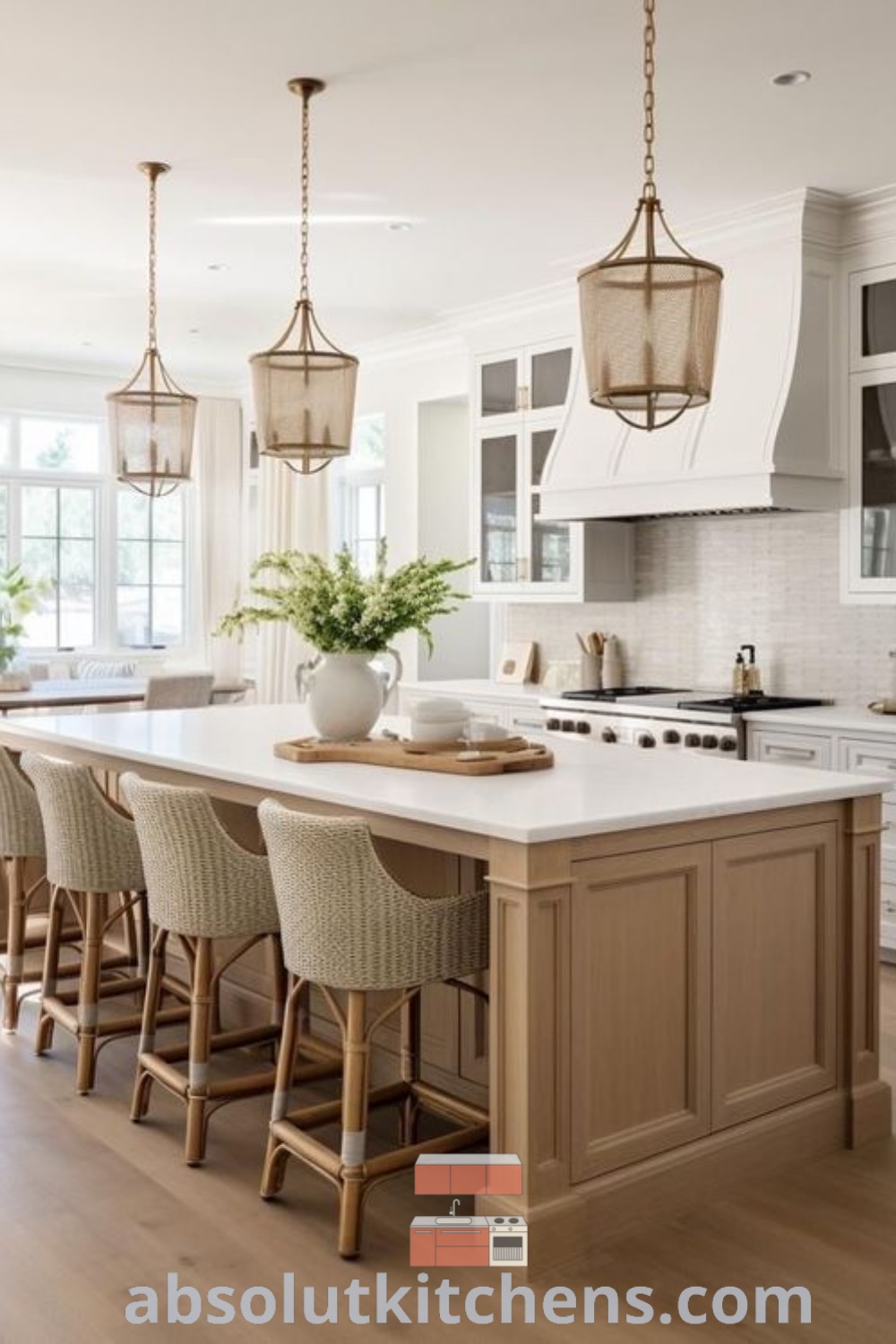 A large kitchen with an island and lots of chairs, showcasing kitchen neutral colors and white oak elements. This gourmet kitchen design offers inviting ideas for a dream kitchen in 2024, perfect for both functionality and cozy aesthetics. Explore more inspired decor ideas at absolutkitchens.com.