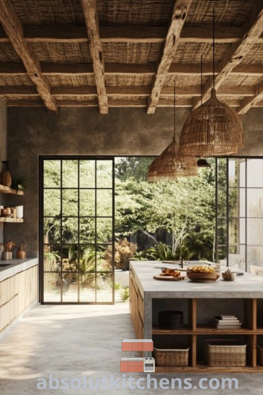 An open kitchen with ample counter space and hanging lights over the island, showcasing a blend of Balinese and natural earthy design elements. The space features limestone countertops and vibrant plants for an inside outside kitchen feel. Perfect for house or apartment decor ideas, discover inspiring design trends at absolutkitchens.com.
