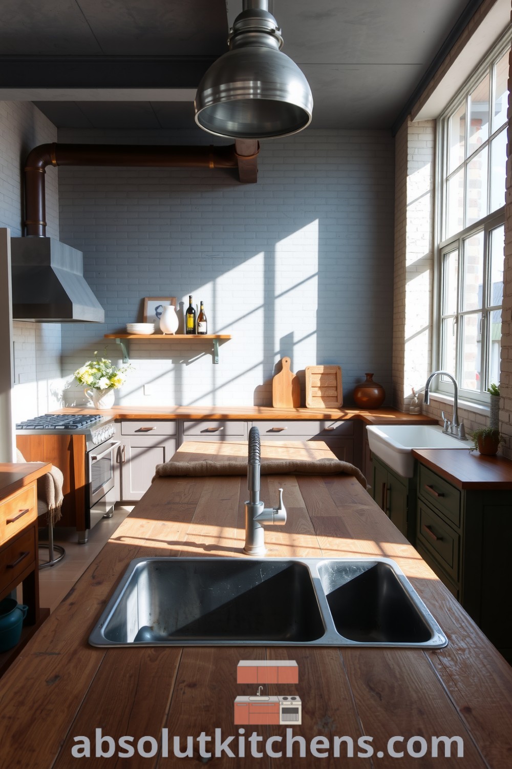 Cozy loft kitchen design showcasing a harmonious grey palette, warm wooden cabinetry, rustic table, and vintage sink, illuminated by natural light from large windows, offering unique decor ideas for a cozy home at fireplacesandwoodstoves.com.