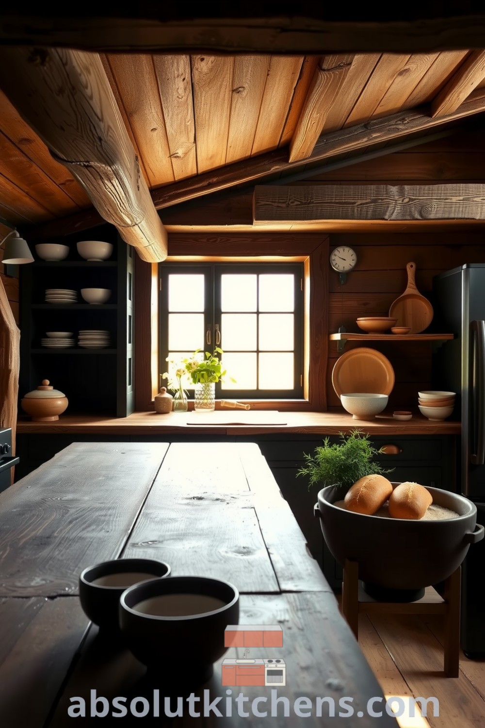 Cozy rustic kitchen with deep black accents contrasting weathered wood, featuring handmade ceramic bowls, natural light from a large window, herbs on the windowsill, and the aroma of freshly baked bread, perfect for inspiring your home decor ideas at absolutkitchens.com.